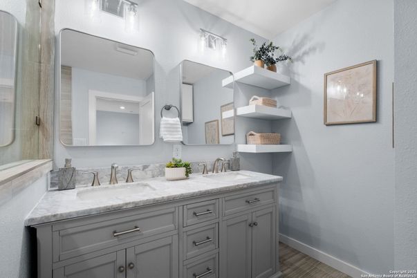 Bathroom, Dual Sink Vanities, Interior, Wood Texture Flooring
