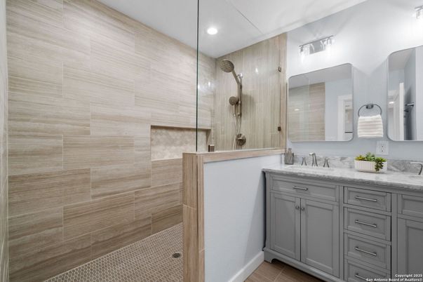 Bathroom, Dual Sink Vanities, Glass Shower, Interior, Recessed Lighting