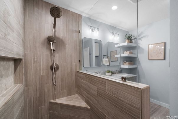 Bathroom, Interior, Recessed Lighting, Wood Texture Flooring