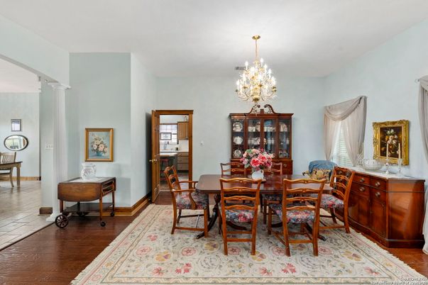 Chandelier, Dining room, Interior, Wood Texture Flooring