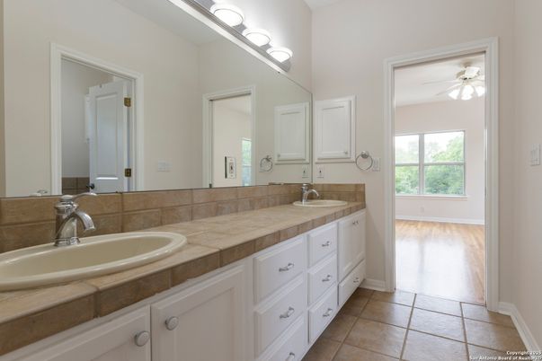 Bathroom, Dual Sink Vanities, Interior, Tile Countertops, Wood Texture Flooring