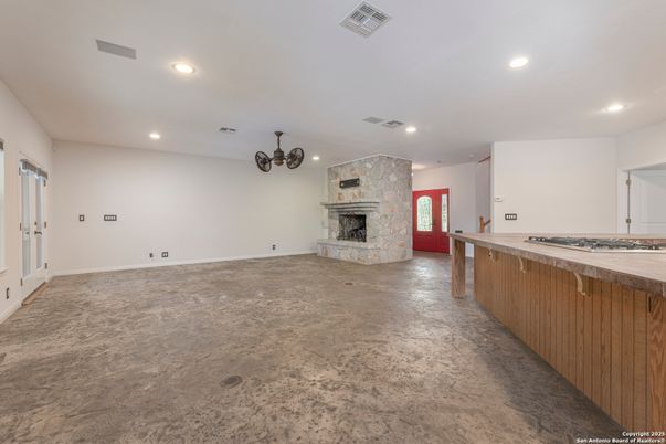 Empty room, Fireplace, Interior, Kitchen, Recessed Lighting