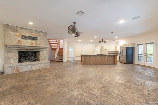 Empty room, Fireplace, Interior, Kitchen, Recessed Lighting, Stone Walls