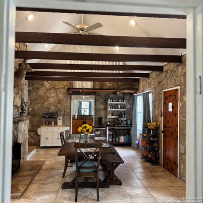 Dining room, Interior, Recessed Lighting, Stone Walls, Wooden Beams