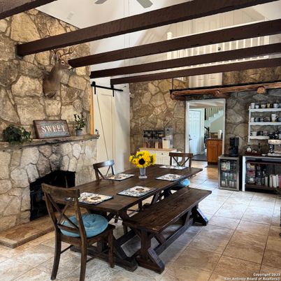 Dining room, Fireplace, Interior, Stone Walls, Wooden Beams