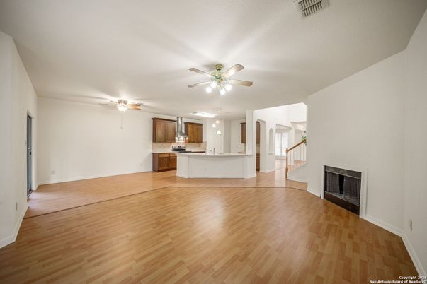 Empty room, Fireplace, Interior, Kitchen, Wood Texture Flooring