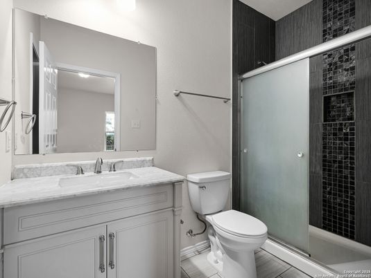Bathroom, Glass Shower, Interior, Wood Texture Flooring