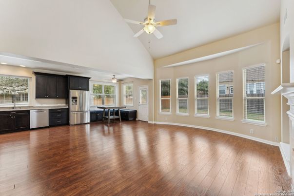 Dining room, Interior, Kitchen, Recessed Lighting, Stainless Steel Appliances, Wood Texture Flooring