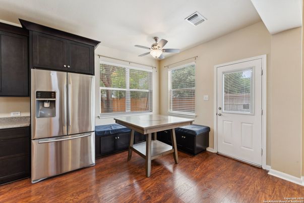 Dining room, Interior, Kitchen, Stainless Steel Appliances, Wood Texture Flooring