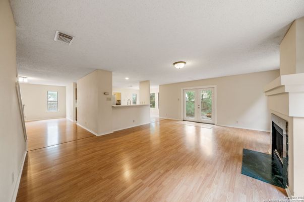 Empty room, Fireplace, Interior, Recessed Lighting, Wood Texture Flooring