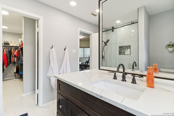 Bathroom, Dual Sink Vanities, Glass Shower, Interior, Recessed Lighting, Walk-in Closets