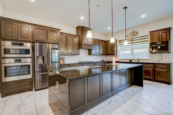 Interior, Kitchen, Marble, Pendant Lights, Recessed Lighting, Stainless Steel Appliances