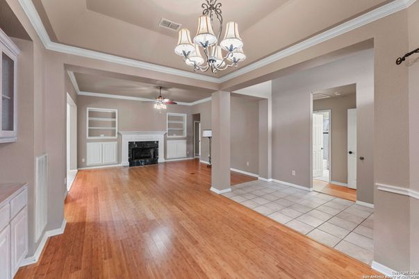 Chandelier, Empty room, Fireplace, Interior, Wood Texture Flooring
