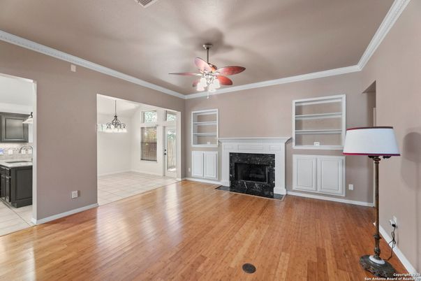 Empty room, Fireplace, Interior, Pendant Lights, Wood Texture Flooring