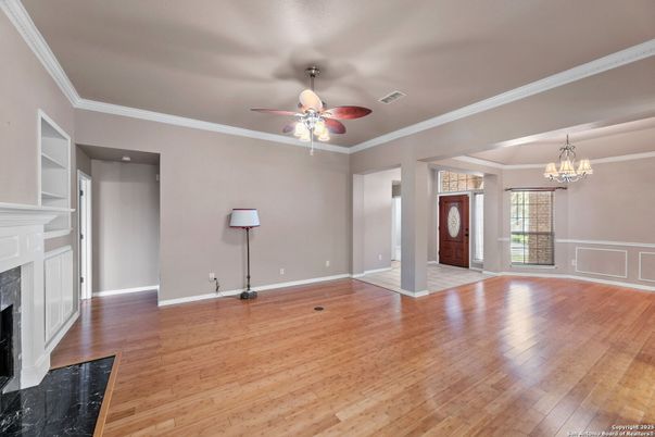 Chandelier, Empty room, Fireplace, Interior, Wood Texture Flooring