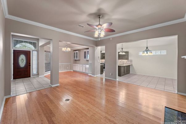 Chandelier, Empty room, Interior, Pendant Lights, Wood Texture Flooring
