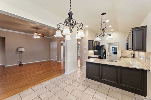 Chandelier, Interior, Kitchen, Pendant Lights, Recessed Lighting, Wood Texture Flooring