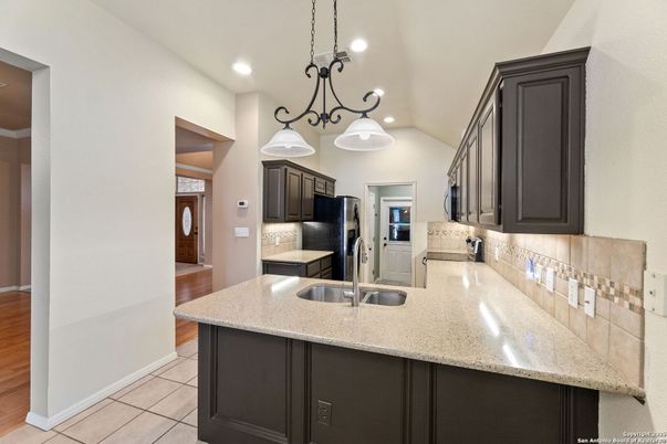 Chandelier, Interior, Kitchen, Pendant Lights, Recessed Lighting, Wood Texture Flooring