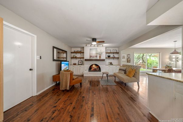 Fireplace, Interior, Living room, Pendant Lights, Wood Texture Flooring
