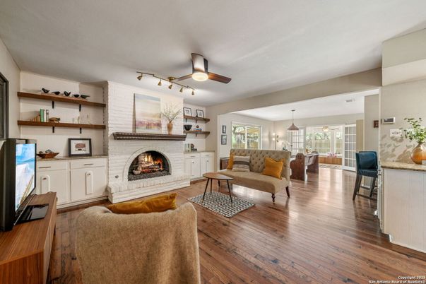 Fireplace, Interior, Living room, Pendant Lights, Wood Texture Flooring