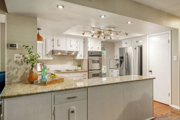 Interior, Kitchen, Recessed Lighting, Stainless Steel Appliances, Wood Texture Flooring