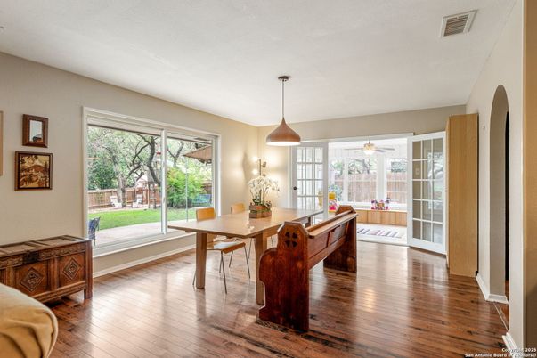 Dining room, Interior, Pendant Lights, Wood Texture Flooring