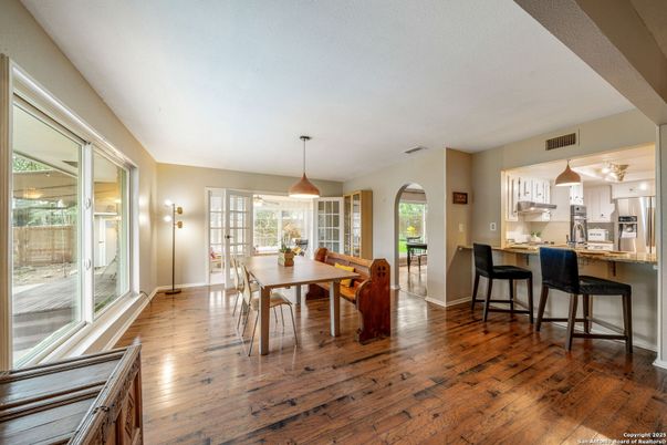 Dining room, Interior, Kitchen, Pendant Lights, Stainless Steel Appliances, Wood Texture Flooring