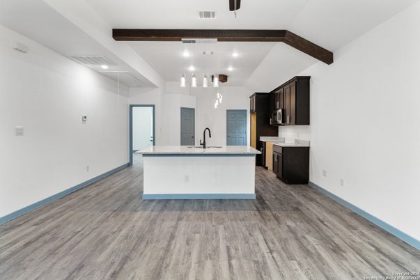 Interior, Kitchen, Pendant Lights, Recessed Lighting, Wooden Beams, Wood Texture Flooring