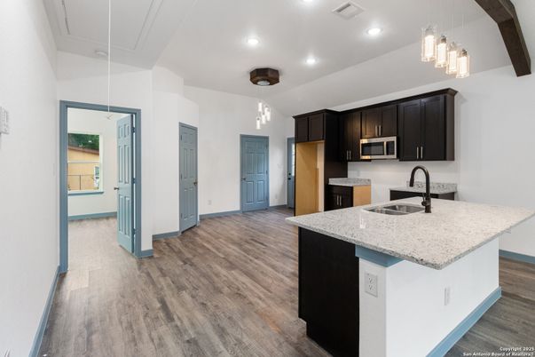 Interior, Kitchen, Pendant Lights, Recessed Lighting, Wood Texture Flooring