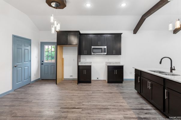 Interior, Kitchen, Pendant Lights, Recessed Lighting, Wooden Beams, Wood Texture Flooring