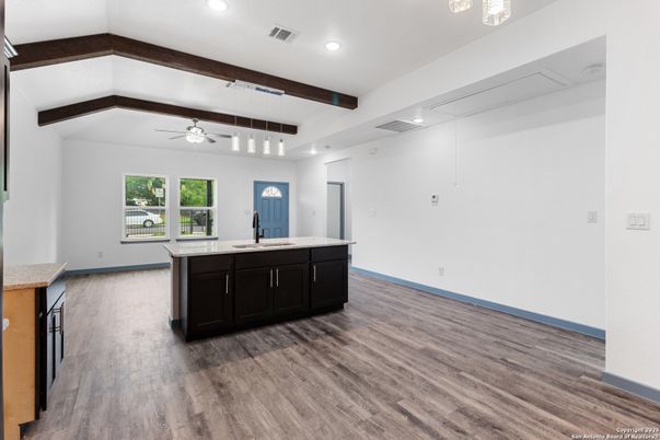 Interior, Kitchen, Recessed Lighting, Wooden Beams, Wood Texture Flooring