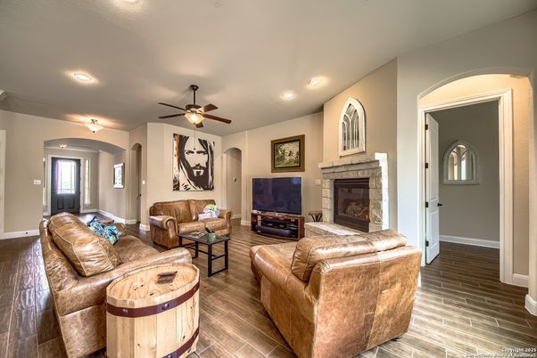 Fireplace, Interior, Living room, Recessed Lighting, Wood Texture Flooring