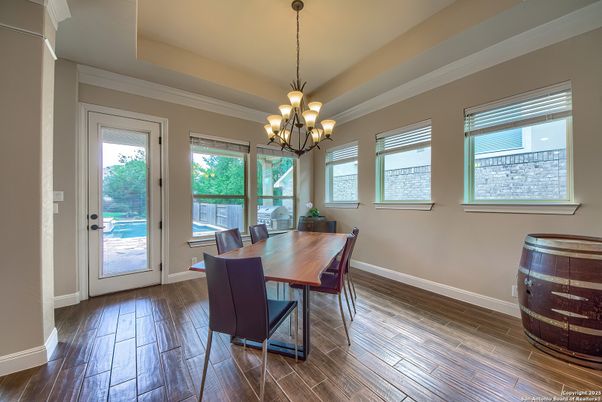 Chandelier, Dining room, Interior, Wood Texture Flooring