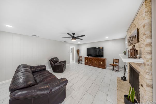 Fireplace, Interior, Living room, Recessed Lighting, Stone Walls