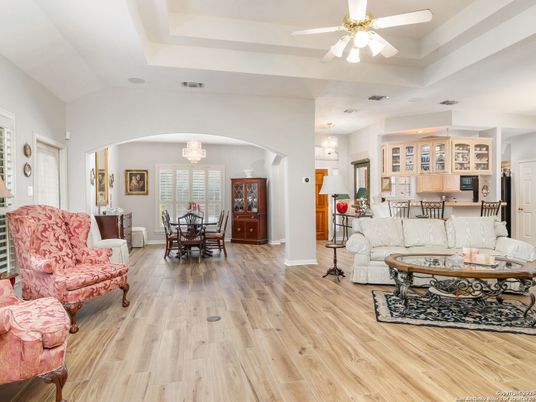 Chandelier, Dining room, Interior, Kitchen, Living room, Pendant Lights, Recessed Lighting, Wood Texture Flooring