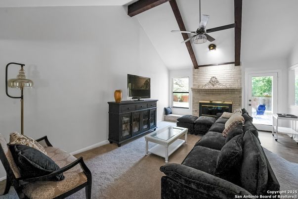 Fireplace, Interior, Living room, Stone Walls, Wooden Beams, Wood Texture Flooring