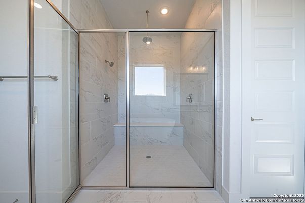 Bathroom, Glass Shower, Interior, Marble, Marble Walls, Recessed Lighting
