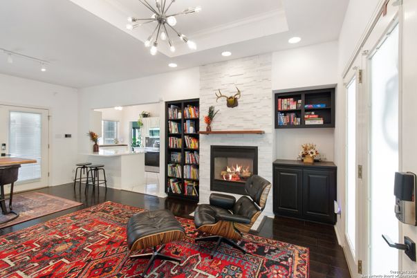 Fireplace, Interior, Kitchen, Pendant Lights, Recessed Lighting, Stone Walls, Wood Texture Flooring