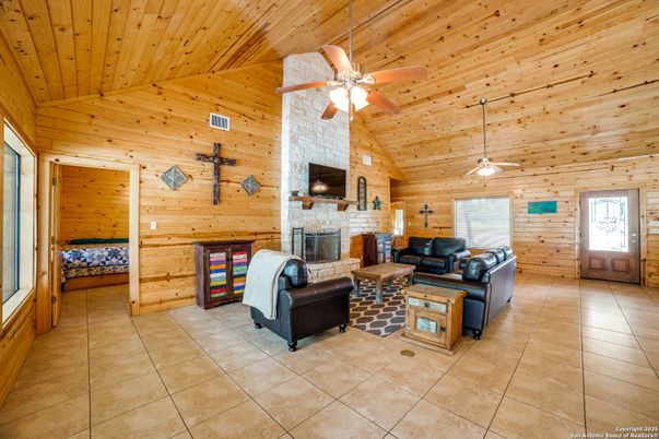 Fireplace, Interior, Living room, Stone Walls, Wooden Ceilings, Wooden Walls