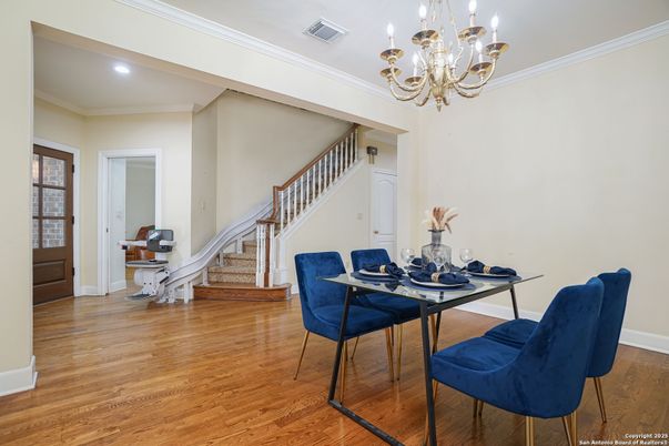Chandelier, Dining room, Interior, Recessed Lighting, Wood Texture Flooring