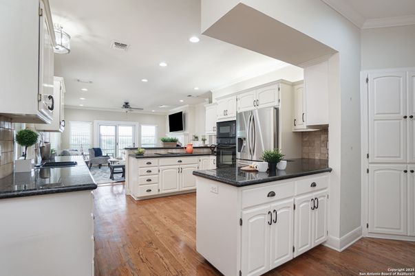 Interior, Kitchen, Living room, Recessed Lighting, Stainless Steel Appliances, Wood Texture Flooring
