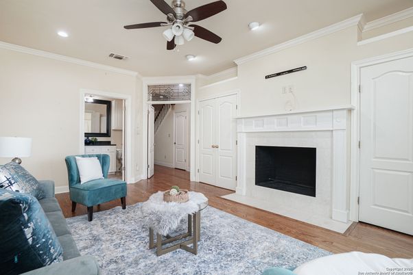 Fireplace, Interior, Living room, Recessed Lighting, Wood Texture Flooring