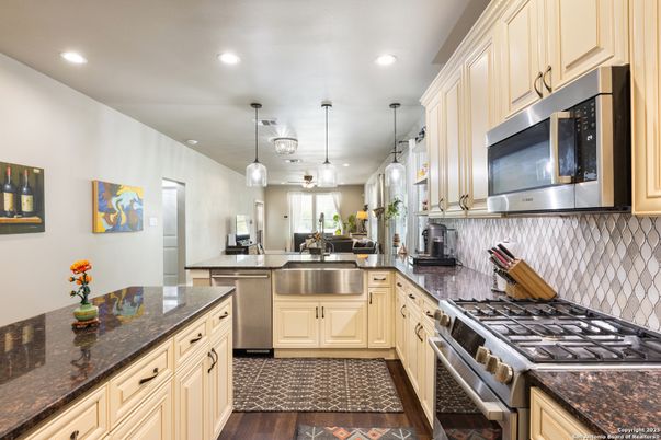 Interior, Kitchen, Pendant Lights, Recessed Lighting, Stainless Steel Appliances, Wood Texture Flooring