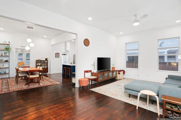 Dining room, Interior, Pendant Lights, Recessed Lighting, Wood Texture Flooring
