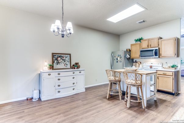 Chandelier, Interior, Kitchen, Recessed Lighting, Wood Texture Flooring
