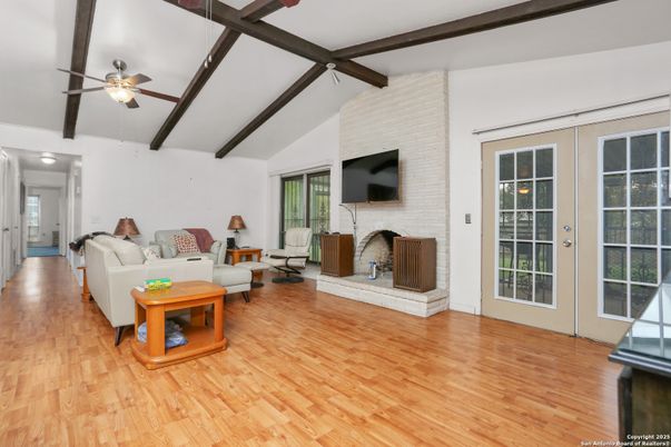Fireplace, Interior, Living room, Stone Walls, Wooden Beams, Wood Texture Flooring