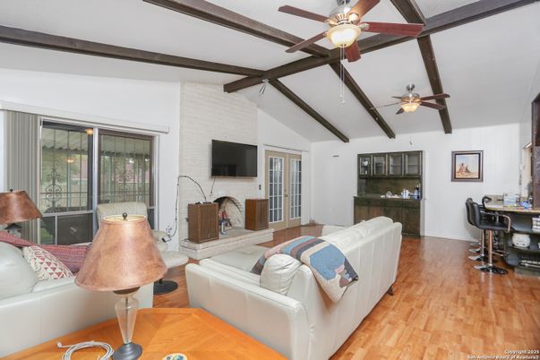 Fireplace, Interior, Living room, Stone Walls, Wooden Beams, Wood Texture Flooring