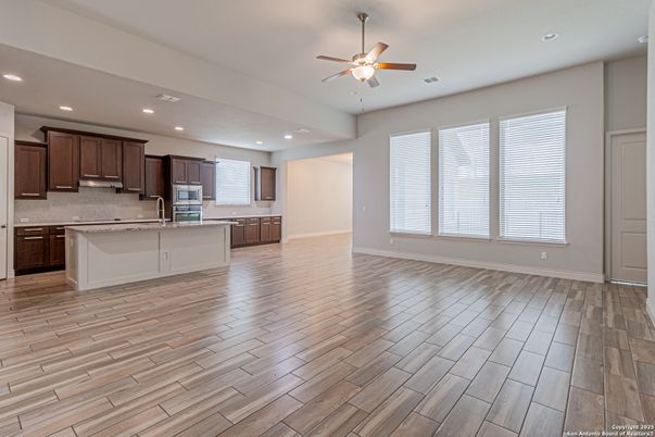 Empty room, Interior, Kitchen, Recessed Lighting, Wood Texture Flooring