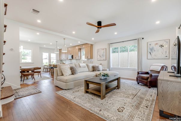 Dining room, Interior, Kitchen, Living room, Pendant Lights, Recessed Lighting, Wood Texture Flooring