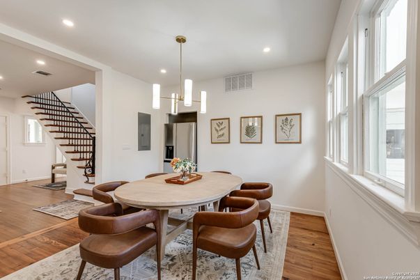 Dining room, Interior, Pendant Lights, Recessed Lighting, Wood Texture Flooring
